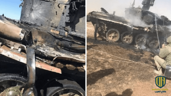 دبابة “T-90” روسية أصيبت بصاروخ بالخطأ أثناء تدريبات عسكرية